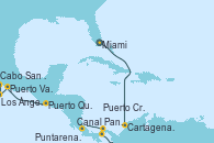 Visitando Miami (Florida/EEUU), Cartagena de Indias (Colombia), Canal Panamá, Puerto Cristóbal (Panamá), Puerto Cristóbal (Panamá), Puntarenas (Costa Rica), Puerto Quetzal (Guatemala), Puerto Vallarta (México), Cabo San Lucas (México), Los Ángeles (California)