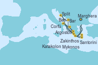 Visitando Marghera (Venecia/Italia), Bari (Italia), Corfú (Grecia), Zakinthos (Grecia), Argostoli (Grecia), Bar ( Montenegro), Split (Croacia), Marghera (Venecia/Italia), Bari (Italia), Mykonos (Grecia), Santorini (Grecia), Katakolon (Olimpia/Grecia), Marghera (Venecia/Italia)