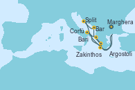 Visitando Marghera (Venecia/Italia), Bari (Italia), Corfú (Grecia), Zakinthos (Grecia), Argostoli (Grecia), Bar ( Montenegro), Split (Croacia), Marghera (Venecia/Italia)