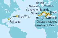 Visitando Atenas (Grecia), Katakolon (Olimpia/Grecia), Sarande (Albania), La Valletta (Malta), Messina (Sicilia), Nápoles (Italia), Civitavecchia (Roma), Ajaccio (Córcega), Villefranche (Niza/Mónaco/Francia), Barcelona, Cartagena (Murcia), Málaga, Gibraltar (Inglaterra), Kings Wharf (Bermudas), Fort Lauderdale (Florida/EEUU)