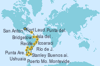 Visitando Fort Lauderdale (Florida/EEUU), Bridgetown (Barbados), Isla del Diablo (Guyana Francesa/Francia), Icoaraci (Belem), Recife (Brasil), Río de Janeiro (Brasil), Río de Janeiro (Brasil), Punta del Este (Uruguay), Buenos aires, Montevideo (Uruguay), Stanley (Malvinas), Ushuaia (Argentina), Punta Arenas (Chile), Puerto Montt (Chile), San Antonio (Chile)