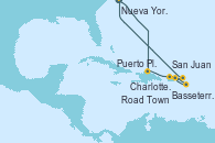 Visitando Nueva York (Estados Unidos), Puerto Plata, Republica Dominicana, San Juan (Puerto Rico), Basseterre (Antillas), Charlotte Amalie (St. Thomas), Road Town (Isla Tórtola/Islas Vírgenes), Nueva York (Estados Unidos)