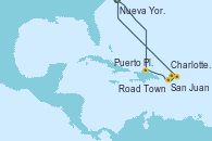 Visitando Nueva York (Estados Unidos), Puerto Plata, Republica Dominicana, San Juan (Puerto Rico), Road Town (Isla Tórtola/Islas Vírgenes), Charlotte Amalie (St. Thomas), Nueva York (Estados Unidos)