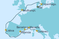 Visitando Kiel (Alemania), Copenhague (Dinamarca), Southampton (Inglaterra), Lisboa (Portugal), Valencia, Barcelona, Marsella (Francia), Civitavecchia (Roma)