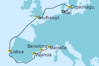 Visitando Kiel (Alemania), Copenhague (Dinamarca), Southampton (Inglaterra), Lisboa (Portugal), Valencia, Barcelona, Marsella (Francia)