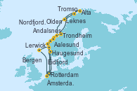 Visitando Rotterdam (Holanda), Aalesund (Noruega), Olden (Noruega), Haugesund (Noruega), Eidfjord (Hardangerfjord/Noruega), Rotterdam (Holanda), Nordfjordeid, Trondheim (Noruega), Leknes (Noruega), Tromso (Noruega), Alta (Noruega), Alta (Noruega), Andalsnes (Noruega), Bergen (Noruega), Lerwick (Escocia), Ámsterdam (Holanda)