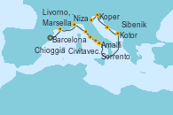 Visitando Barcelona, Marsella (Francia), Niza (Francia), Livorno, Pisa y Florencia (Italia), Civitavecchia (Roma), Sorrento (Nápoles/Italia), Amalfi (Italia), Kotor (Montenegro), Sibenik (Croacia), Koper (Eslovenia), Chioggia (Venecia/Italia), Chioggia (Venecia/Italia)