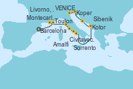 Visitando Barcelona, Toulon (Francia), Montecarlo (Mónaco), Livorno, Pisa y Florencia (Italia), Civitavecchia (Roma), Sorrento (Nápoles/Italia), Amalfi (Italia), Kotor (Montenegro), Sibenik (Croacia), Koper (Eslovenia), VENICE (FUSINA) - ITALY, VENICE (FUSINA) - ITALY