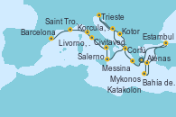 Visitando Atenas (Grecia), Bahía de Souda (Grecia), Mykonos (Grecia), Estambul (Turquía), Katakolon (Olimpia/Grecia), Corfú (Grecia), Korcula, Croatia, Trieste (Italia), Kotor (Montenegro), Corfú (Grecia), Messina (Sicilia), Salerno (Italia), Civitavecchia (Roma), Livorno, Pisa y Florencia (Italia), Saint Tropez (Francia), Barcelona