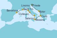 Visitando Trieste (Italia), Kotor (Montenegro), Corfú (Grecia), Messina (Sicilia), Salerno (Italia), Civitavecchia (Roma), Livorno, Pisa y Florencia (Italia), Saint Tropez (Francia), Barcelona