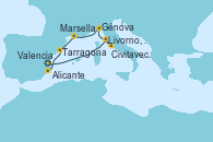 Visitando Valencia, Livorno, Pisa y Florencia (Italia), Civitavecchia (Roma), Génova (Italia), Marsella (Francia), Tarragona (España), Alicante (España)