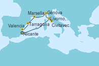 Visitando Alicante (España), Livorno, Pisa y Florencia (Italia), Civitavecchia (Roma), Génova (Italia), Marsella (Francia), Tarragona (España), Valencia