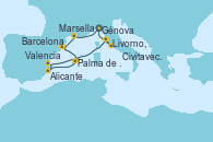 Visitando Génova (Italia), Marsella (Francia), Barcelona, Palma de Mallorca (España), Alicante (España), Valencia, Livorno, Pisa y Florencia (Italia), Civitavecchia (Roma), Génova (Italia)