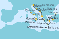 Visitando Atenas (Grecia), Kusadasi (Efeso/Turquía), Estambul (Turquía), Estambul (Turquía), Mykonos (Grecia), Bahía de Souda (Grecia), Katakolon (Olimpia/Grecia), Sarande (Albania), Dubrovnik (Croacia), Trieste (Italia), Split (Croacia), Dubrovnik (Croacia), Kotor (Montenegro), Corfú (Grecia), Messina (Sicilia), Palermo (Italia), Nápoles (Italia), Civitavecchia (Roma)