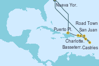 Visitando Nueva York (Estados Unidos), Puerto Plata, Republica Dominicana, San Juan (Puerto Rico), Charlotte Amalie (St. Thomas), Castries (Santa Lucía/Caribe), Basseterre (Antillas), Road Town (Isla Tórtola/Islas Vírgenes), Nueva York (Estados Unidos)