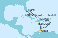 Visitando Miami (Florida/EEUU), Puerto Plata, Republica Dominicana, Aruba (Antillas), Colón, Basseterre (Antillas), Charlotte Amalie (St. Thomas), San Juan (Puerto Rico), Great Stirrup Cay (Bahamas), Miami (Florida/EEUU)