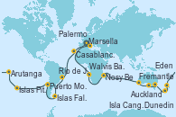 Visitando Marsella (Francia), Barcelona, Málaga, Casablanca (Marruecos), Mindelo (Cabo Verde), Salvador de Bahía (Brasil), Río de Janeiro (Brasil), Río de Janeiro (Brasil), Buenos aires, Buenos aires, Puerto Madryn (Argentina), Islas Falkland (Puerto Stanley/Reino Unido), Ushuaia (Argentina), Puerto Chacabuco (Chile), Puerto Montt (Chile), Valparaíso (Chile), Valparaíso (Chile), Isla Pascua (Chile), Islas Pitcairn (Pacífico), Papeete (Tahití), Papeete (Tahití), Moorea (Tahití), Arutanga (Aitutaki, Islas Cook), Rarotonga (Islas Cook), Bahía de las Islas (Nueva Zelanda), Auckland (Nueva Zelanda), Tauranga (Nueva Zelanda), Christchurch (Nueva Zelanda), Dunedin (Nueva Zelanda), Hobart (Australia), Sydney (Australia), Sydney (Australia), Eden (Nueva Gales), Melbourne (Australia), Adelaide (Australia), Isla Canguro (Australia), Albany (Australia), Busselton (Australia), Fremantle (Australia), Fremantle (Australia), Malé (Maldivas), Puerto Victoria (Seychelles), Nosy Be (Madagascar), Puerto Elizabeth (Sudáfrica), Ciudad del Cabo (Sudáfrica), Walvis Bay (Namibia), Dakar (Senegal), Fuerteventura (Canarias/España), Palermo (Italia), Civitavecchia (Roma), Génova (Italia), Marsella (Francia)