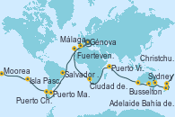 Visitando Génova (Italia), Marsella (Francia), Barcelona, Málaga, Casablanca (Marruecos), Mindelo (Cabo Verde), Salvador de Bahía (Brasil), Río de Janeiro (Brasil), Río de Janeiro (Brasil), Buenos aires, Buenos aires, Puerto Madryn (Argentina), Islas Falkland (Puerto Stanley/Reino Unido), Ushuaia (Argentina), Puerto Chacabuco (Chile), Puerto Montt (Chile), Valparaíso (Chile), Valparaíso (Chile), Isla Pascua (Chile), Islas Pitcairn (Pacífico), Papeete (Tahití), Papeete (Tahití), Moorea (Tahití), Arutanga (Aitutaki, Islas Cook), Rarotonga (Islas Cook), Bahía de las Islas (Nueva Zelanda), Auckland (Nueva Zelanda), Tauranga (Nueva Zelanda), Christchurch (Nueva Zelanda), Dunedin (Nueva Zelanda), Hobart (Australia), Sydney (Australia), Sydney (Australia), Eden (Nueva Gales), Melbourne (Australia), Adelaide (Australia), Isla Canguro (Australia), Albany (Australia), Busselton (Australia), Fremantle (Australia), Fremantle (Australia), Malé (Maldivas), Puerto Victoria (Seychelles), Nosy Be (Madagascar), Puerto Elizabeth (Sudáfrica), Ciudad del Cabo (Sudáfrica), Walvis Bay (Namibia), Dakar (Senegal), Fuerteventura (Canarias/España), Palermo (Italia), Civitavecchia (Roma), Génova (Italia)