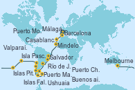 Visitando Barcelona, Málaga, Casablanca (Marruecos), Mindelo (Cabo Verde), Salvador de Bahía (Brasil), Río de Janeiro (Brasil), Río de Janeiro (Brasil), Buenos aires, Buenos aires, Puerto Madryn (Argentina), Islas Falkland (Puerto Stanley/Reino Unido), Ushuaia (Argentina), Puerto Chacabuco (Chile), Puerto Montt (Chile), Valparaíso (Chile), Valparaíso (Chile), Isla Pascua (Chile), Islas Pitcairn (Pacífico), Papeete (Tahití), Papeete (Tahití), Moorea (Tahití), Arutanga (Aitutaki, Islas Cook), Rarotonga (Islas Cook), Bahía de las Islas (Nueva Zelanda), Auckland (Nueva Zelanda), Tauranga (Nueva Zelanda), Christchurch (Nueva Zelanda), Dunedin (Nueva Zelanda), Hobart (Australia), Sydney (Australia), Sydney (Australia), Eden (Nueva Gales), Melbourne (Australia)