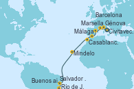 Visitando Civitavecchia (Roma), Génova (Italia), Marsella (Francia), Barcelona, Málaga, Casablanca (Marruecos), Mindelo (Cabo Verde), Salvador de Bahía (Brasil), Río de Janeiro (Brasil), Río de Janeiro (Brasil), Buenos aires, Buenos aires