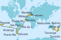 Visitando Civitavecchia (Roma), Génova (Italia), Marsella (Francia), Barcelona, Málaga, Casablanca (Marruecos), Mindelo (Cabo Verde), Salvador de Bahía (Brasil), Río de Janeiro (Brasil), Río de Janeiro (Brasil), Buenos aires, Buenos aires, Puerto Madryn (Argentina), Islas Falkland (Puerto Stanley/Reino Unido), Ushuaia (Argentina), Puerto Chacabuco (Chile), Puerto Montt (Chile), Valparaíso (Chile), Valparaíso (Chile), Isla Pascua (Chile), Islas Pitcairn (Pacífico), Papeete (Tahití), Papeete (Tahití), Moorea (Tahití), Arutanga (Aitutaki, Islas Cook), Rarotonga (Islas Cook), Bahía de las Islas (Nueva Zelanda), Auckland (Nueva Zelanda), Tauranga (Nueva Zelanda), Christchurch (Nueva Zelanda), Dunedin (Nueva Zelanda), Hobart (Australia), Sydney (Australia), Sydney (Australia), Eden (Nueva Gales), Melbourne (Australia)