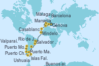 Visitando Génova (Italia), Marsella (Francia), Barcelona, Málaga, Casablanca (Marruecos), Mindelo (Cabo Verde), Salvador de Bahía (Brasil), Río de Janeiro (Brasil), Río de Janeiro (Brasil), Buenos aires, Buenos aires, Puerto Madryn (Argentina), Islas Falkland (Puerto Stanley/Reino Unido), Ushuaia (Argentina), Puerto Chacabuco (Chile), Puerto Montt (Chile), Valparaíso (Chile), Valparaíso (Chile)