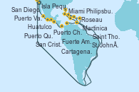 Visitando San Diego (California/EEUU), Puerto Vallarta (México), Huatulco (México), Puerto Chiapas (México), Puerto Quetzal (Guatemala), Fuerte Amador (Panamá), Fuerte Amador (Panamá), Cartagena de Indias (Colombia), Isla Pequeña (San Salvador/Bahamas), Miami (Florida/EEUU), Philipsburg (St. Maarten), St. John´s (Antigua y Barbuda), Martinica (Antillas), Roseau (Dominica), San Cristóbal y Nieves, Saint Thomas (Islas Vírgenes), Isla Pequeña (San Salvador/Bahamas), Miami (Florida/EEUU)