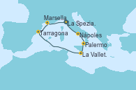 Visitando La Spezia, Florencia y Pisa (Italia), Nápoles (Italia), Palermo (Italia), La Valletta (Malta), Tarragona (España), Marsella (Francia), La Spezia, Florencia y Pisa (Italia)