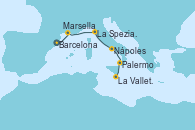 Visitando Barcelona, Marsella (Francia), La Spezia, Florencia y Pisa (Italia), Nápoles (Italia), Palermo (Italia), La Valletta (Malta)