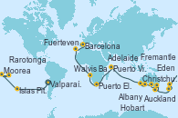 Visitando Valparaíso (Chile), Isla Pascua (Chile), Islas Pitcairn (Pacífico), Papeete (Tahití), Papeete (Tahití), Moorea (Tahití), Arutanga (Aitutaki, Islas Cook), Rarotonga (Islas Cook), Bahía de las Islas (Nueva Zelanda), Auckland (Nueva Zelanda), Tauranga (Nueva Zelanda), Christchurch (Nueva Zelanda), Dunedin (Nueva Zelanda), Hobart (Australia), Sydney (Australia), Sydney (Australia), Eden (Nueva Gales), Melbourne (Australia), Adelaide (Australia), Isla Canguro (Australia), Albany (Australia), Busselton (Australia), Fremantle (Australia), Fremantle (Australia), Malé (Maldivas), Puerto Victoria (Seychelles), Nosy Be (Madagascar), Puerto Elizabeth (Sudáfrica), Ciudad del Cabo (Sudáfrica), Walvis Bay (Namibia), Dakar (Senegal), Fuerteventura (Canarias/España), Palermo (Italia), Civitavecchia (Roma), Génova (Italia), Marsella (Francia), Barcelona