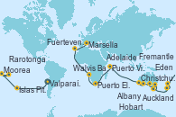 Visitando Valparaíso (Chile), Isla Pascua (Chile), Islas Pitcairn (Pacífico), Papeete (Tahití), Papeete (Tahití), Moorea (Tahití), Arutanga (Aitutaki, Islas Cook), Rarotonga (Islas Cook), Bahía de las Islas (Nueva Zelanda), Auckland (Nueva Zelanda), Tauranga (Nueva Zelanda), Christchurch (Nueva Zelanda), Dunedin (Nueva Zelanda), Hobart (Australia), Sydney (Australia), Sydney (Australia), Eden (Nueva Gales), Melbourne (Australia), Adelaide (Australia), Isla Canguro (Australia), Albany (Australia), Busselton (Australia), Fremantle (Australia), Fremantle (Australia), Malé (Maldivas), Puerto Victoria (Seychelles), Nosy Be (Madagascar), Puerto Elizabeth (Sudáfrica), Ciudad del Cabo (Sudáfrica), Walvis Bay (Namibia), Dakar (Senegal), Fuerteventura (Canarias/España), Palermo (Italia), Civitavecchia (Roma), Génova (Italia), Marsella (Francia)