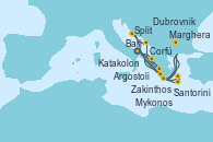 Visitando Bari (Italia), Corfú (Grecia), Zakinthos (Grecia), Argostoli (Grecia), Dubrovnik (Croacia), Split (Croacia), Marghera (Venecia/Italia), Bari (Italia), Mykonos (Grecia), Santorini (Grecia), Katakolon (Olimpia/Grecia), Marghera (Venecia/Italia), Bari (Italia)