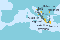 Visitando Bari (Italia), Dubrovnik (Croacia), Zakinthos (Grecia), Argostoli (Grecia), Corfú (Grecia), Split (Croacia), Marghera (Venecia/Italia), Bari (Italia), Mykonos (Grecia), Santorini (Grecia), Katakolon (Olimpia/Grecia), Marghera (Venecia/Italia), Bari (Italia)