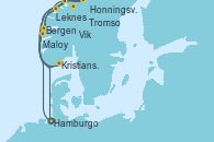 Visitando Hamburgo (Alemania), Bergen (Noruega), Leknes (Noruega), Tromso (Noruega), Honningsvag (Noruega), KRISTIANSUND, Maloy (Noruega), Vik (Noruega), Hamburgo (Alemania)