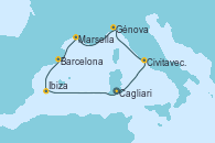 Visitando Cagliari (Cerdeña), Civitavecchia (Roma), Génova (Italia), Marsella (Francia), Barcelona, Ibiza (España), Cagliari (Cerdeña)