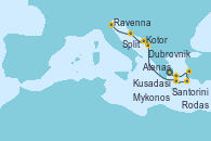 Visitando Atenas (Grecia), Santorini (Grecia), Rodas (Grecia), Kusadasi (Efeso/Turquía), Mykonos (Grecia), Dubrovnik (Croacia), Kotor (Montenegro), Split (Croacia), Ravenna (Italia)