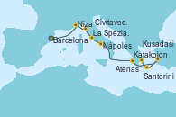 Visitando Barcelona, Niza (Francia), La Spezia, Florencia y Pisa (Italia), Civitavecchia (Roma), Nápoles (Italia), Katakolon (Olimpia/Grecia), Kusadasi (Efeso/Turquía), Santorini (Grecia), Atenas (Grecia)