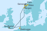 Visitando Southampton (Inglaterra), Bergen (Noruega), Geiranger (Noruega), Olden (Noruega), Flam (Noruega), Zeebrugge (Bruselas), Southampton (Inglaterra)