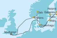 Visitando Southampton (Inglaterra), Copenhague (Dinamarca), Copenhague (Dinamarca), Helsinki (Finlandia), Tallin (Estonia), Estocolmo (Suecia), Visby (Suecia), Oslo (Noruega), Kristiansand (Noruega), Southampton (Inglaterra)