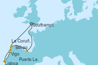 Visitando Southampton (Inglaterra), Vigo (España), Lisboa (Portugal), Puerto Leixões (Portugal), La Coruña (Galicia/España), Bilbao (España), Southampton (Inglaterra)