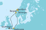 Visitando Southampton (Inglaterra), Zeebrugge (Bruselas), Nordfjordeid, Geiranger (Noruega), Bergen (Noruega), Southampton (Inglaterra)