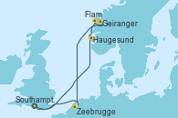 Visitando Southampton (Inglaterra), Haugesund (Noruega), Flam (Noruega), Geiranger (Noruega), Zeebrugge (Bruselas), Southampton (Inglaterra)