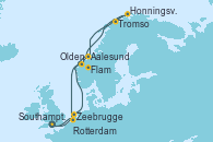 Visitando Southampton (Inglaterra), Zeebrugge (Bruselas), Flam (Noruega), Tromso (Noruega), Honningsvag (Noruega), Aalesund (Noruega), Olden (Noruega), Rotterdam (Holanda), Southampton (Inglaterra)