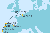 Visitando Southampton (Inglaterra), Vigo (España), Lisboa (Portugal), Puerto Leixões (Portugal), La Coruña (Galicia/España), Bilbao (España), Le Havre (Francia), Southampton (Inglaterra)