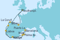 Visitando Southampton (Inglaterra), Puerto Leixões (Portugal), Lisboa (Portugal), Palma de Mallorca (España), Barcelona, Ibiza (España), Málaga, La Coruña (Galicia/España), Bilbao (España), Southampton (Inglaterra)