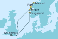 Visitando Southampton (Inglaterra), Haugesund (Noruega), Aalesund (Noruega), Flam (Noruega), Bergen (Noruega), Southampton (Inglaterra)