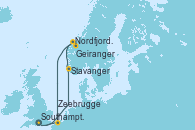 Visitando Southampton (Inglaterra), Stavanger (Noruega), Nordfjordeid, Geiranger (Noruega), Zeebrugge (Bruselas), Southampton (Inglaterra)