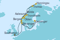 Visitando Southampton (Inglaterra), Stavanger (Noruega), Aalesund (Noruega), Olden (Noruega), Tromso (Noruega), Honningsvag (Noruega), Trondheim (Noruega), Molde (Noruega), Geiranger (Noruega), Bergen (Noruega), Southampton (Inglaterra)