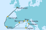 Visitando Southampton (Inglaterra), Cádiz (España), Cagliari (Cerdeña), Civitavecchia (Roma), La Spezia, Florencia y Pisa (Italia), Niza (Francia), Barcelona, La Coruña (Galicia/España), Southampton (Inglaterra)