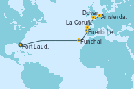 Visitando Fort Lauderdale (Florida/EEUU), Funchal (Madeira), Puerto Leixões (Portugal), La Coruña (Galicia/España), Dover (Inglaterra), Ámsterdam (Holanda)